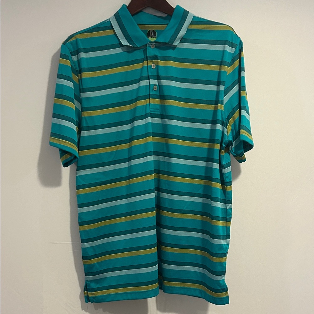 PGA Tour Teal and Yellow Striped Polo Shirt